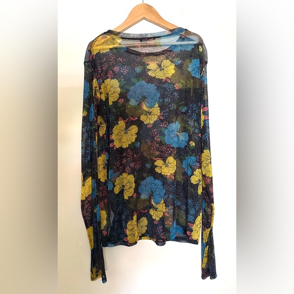 Zara Floral Sheer Blouse Women’s | Sz Large |  Shimmer | Blue, Yellow, Black - Picture 6 of 8